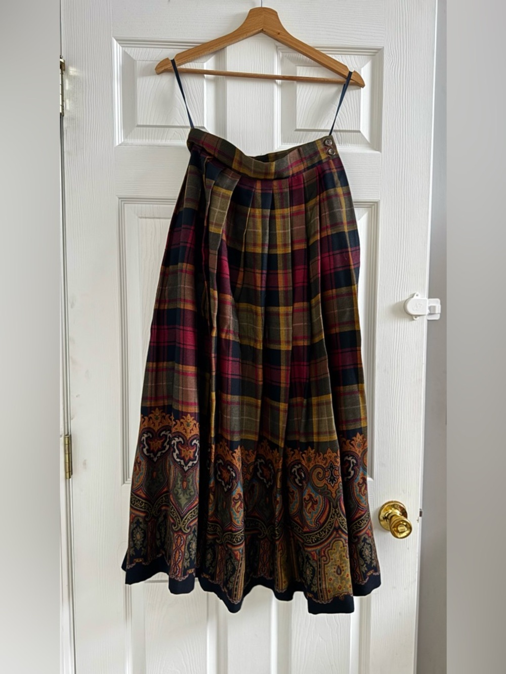 Vintage Ralph Lauren Plaid A-Line Wool Midi Skirt with Paisley Hem